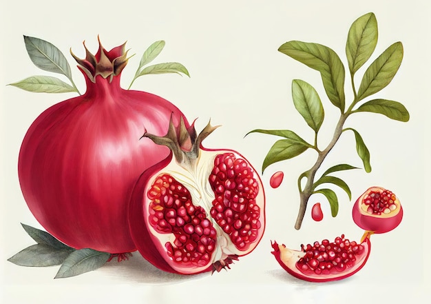 Punica Granatum Illustrazione Botanica Melograno Fiori Frutta Pittura Astratta Illustrazione AI Generativa