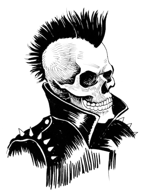 Punk morto. Disegno a inchiostro in bianco e nero