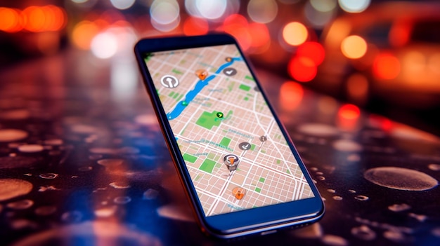 Puntare sullo smartphone con l'icona del navigatore gps e la mappa sullo sfondo astratto sfocato della strada del traffico IA generativa