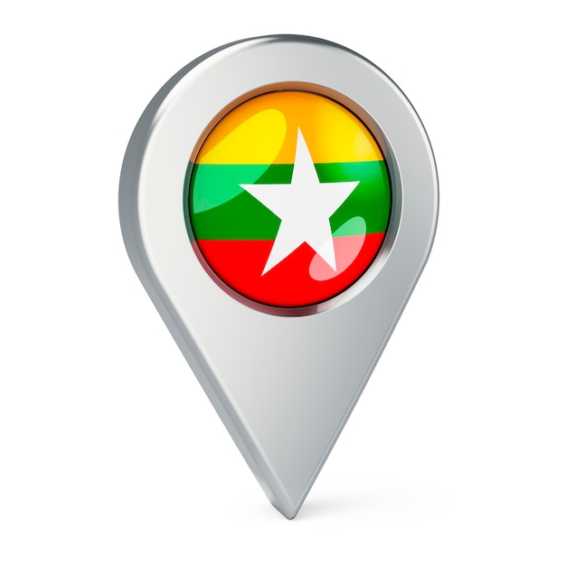 Puntatore della mappa con la bandiera del Myanmar in 3D