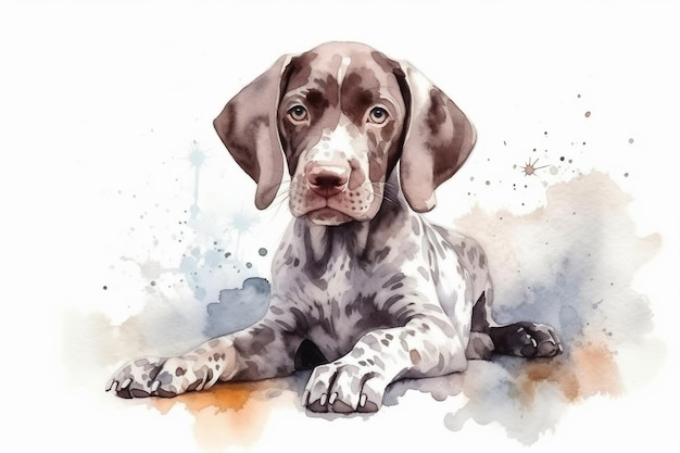 Puntatore tedesco a pelo corto adorabile illustrazione dell'acquerello del cucciolo di cane con macchie di colore