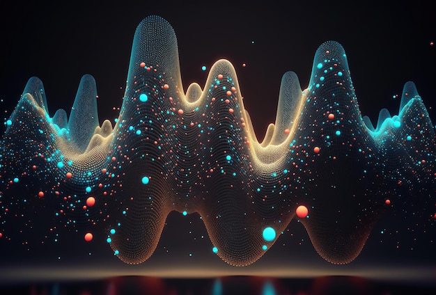 Punti e linee colorate su uno sfondo nero Visualizzazione del movimento di big data Singolarità futuristica della tecnologia informatica Astratto sfondo scuro Rendering 3D AI generato