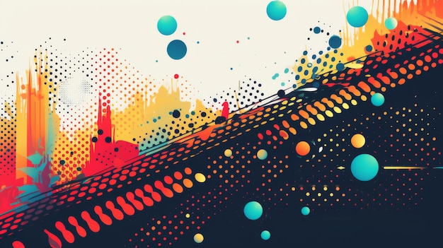 Punti e linee colorati girano in un'esposizione astratta di creatività e movimento