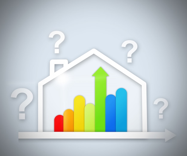 Punti interrogativi sopra il grafico di casa ad alta efficienza energetica