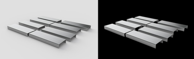 Punti metallici per graffatrice isolati su sfondo bianco Illustrazione 3d