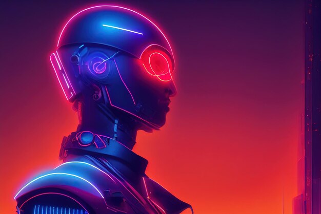 Punti salienti al neon del soldato cyberpunk e contorno al neon