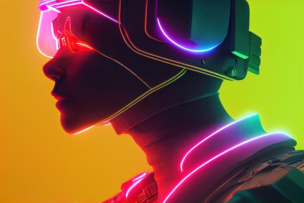 Punti salienti al neon del soldato cyberpunk e contorno al neon