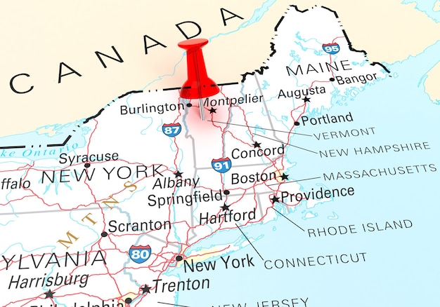 Puntina rossa sulla mappa degli Stati Uniti dello stato del Vermont. Rendering 3D