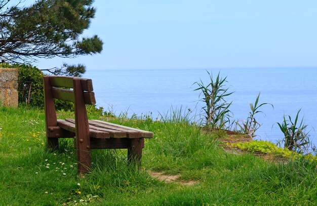 Punto di osservazione con panca in legno e vista sull'oceano.