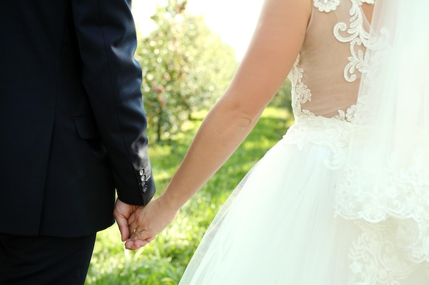 Punto di vista posteriore della sposa in vestito bianco e dello sposo in vestito che si tengono per mano all'aperto