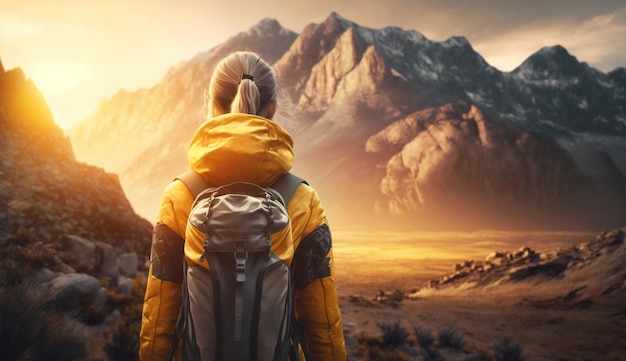 Punto di vista posteriore della viandante della giovane donna che sta sulla cresta della montagna che raggiunge il vertice