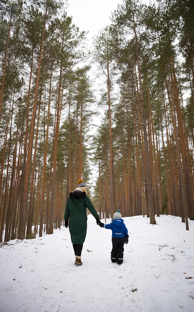 Punto di vista posteriore sulla donna che cammina con il bambino piccolo nella foresta di inverno. Concetto di stile di vita