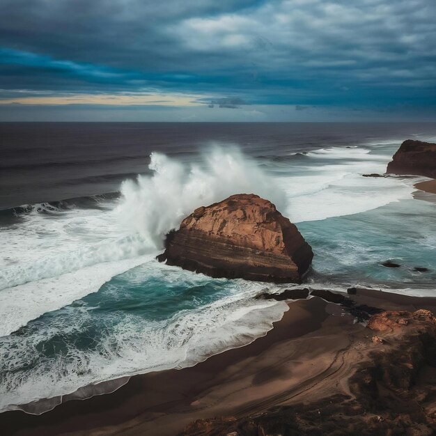 Punto di vista sulla famosa roccia di Benijo con le onde dell'oceano che schiacciano situato sulla spiaggia di Benijo visto dall'alto