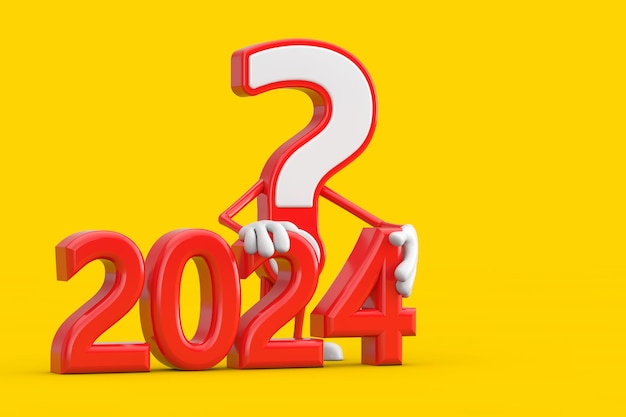 Punto interrogativo Segno Cartoon Character Persona Mascot con segno rosso di Capodanno 2024 su sfondo giallo rendering 3d