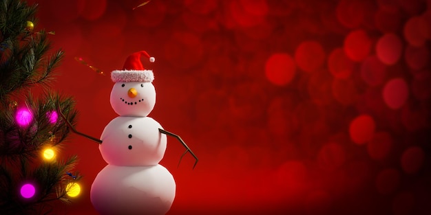 Pupazzo di neve con albero di natale sul tema rosso, rendering illustrazione 3d