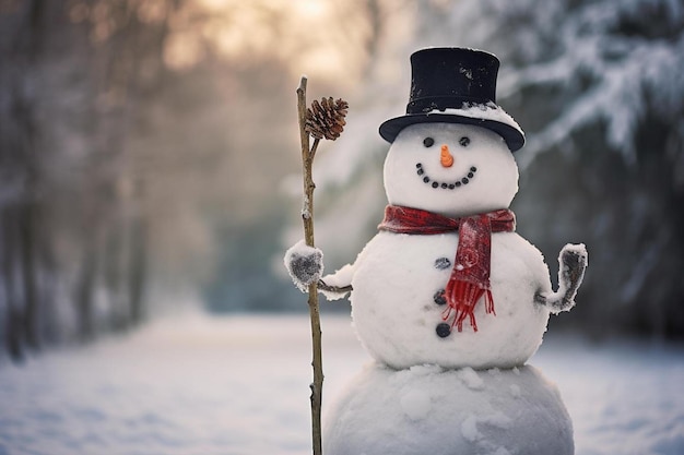 Pupazzo di neve con cappello e sciarpa neri