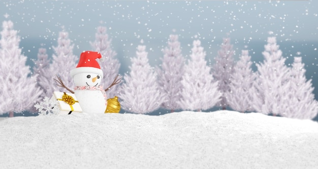 Pupazzo di neve con cappello e sciarpa. Rendering 3D