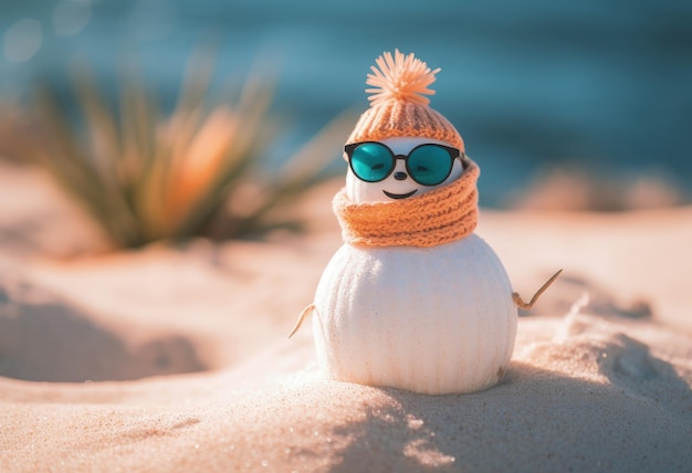 Pupazzo di neve con cappello e sciarpa sulla spiaggia concetto di natale sfondo bokeh AI generativa