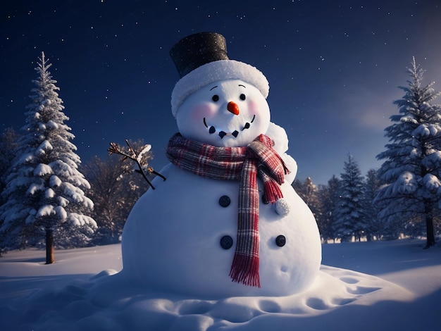 Pupazzo di neve con paesaggio invernale e neve durante la notte di Natale