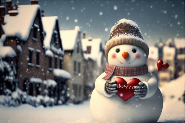 Pupazzo di neve con un cuore Pupazzo di neve di San Valentino Sfondo di San Valentino invernale AI generativa
