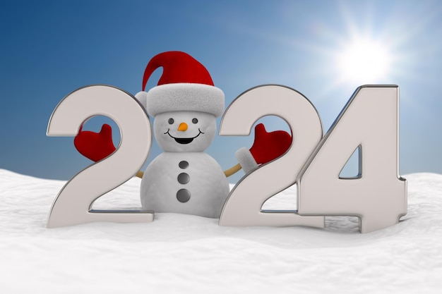 Pupazzo di neve del nuovo anno 2024 nell'illustrazione 3D del cumulo di neve