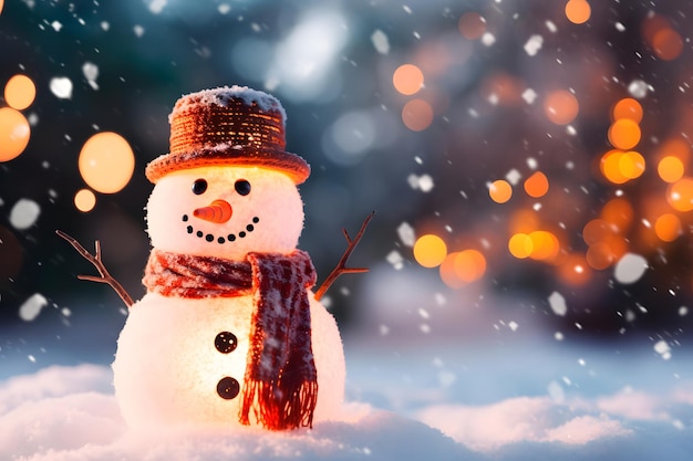Pupazzo di neve di Natale con cappello a naso di carota e sciarpa, una presenza affascinante nella scena festosa