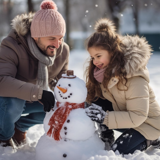 Pupazzo di neve felice della costruzione della famiglia davanti alla loro casa