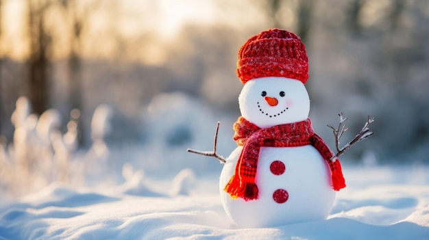 Pupazzo di neve felice in un paesaggio innevato