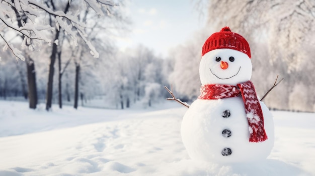 Pupazzo di neve felice in un paesaggio innevato