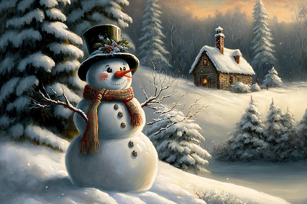 Pupazzo di neve natalizio dipinto a mano in una piacevole cornice invernale