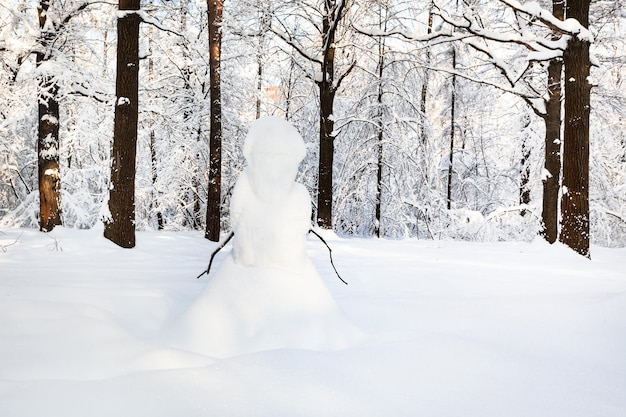 Pupazzo di neve sulla radura della neve nel parco forestale in inverno