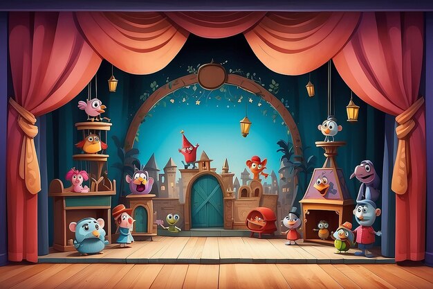 Puppet Palooza CartoonStyle Stage con personaggi stravaganti