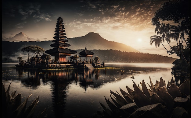 pura ulun danu bratan tempio indù sul paesaggio del lago bratan all'alba a bali