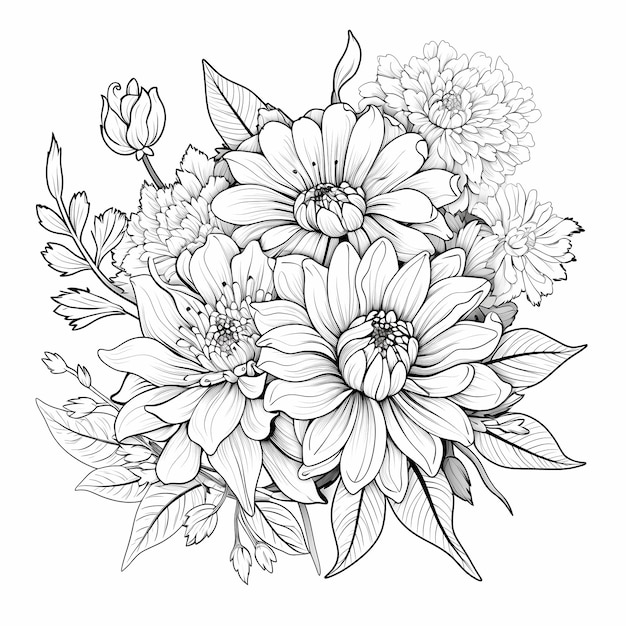 Pure Blooms illustrazione vettoriale in bianco e nero per gli appassionati di colorazione