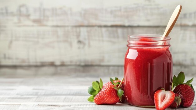 Pure' di fragole in barattolo di vetro con cucchiaio di legno e fragole intere su bianco rustico di legno