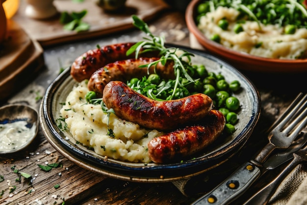 Purè di patate con salsicce Cena del giorno di San Patrizio Cibo irlandese inglese britannico