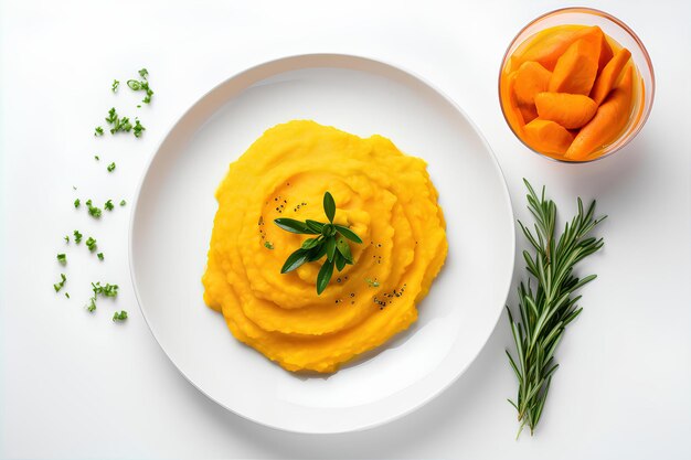 Purè di patate dolci per la colazione sul tavolo bianco e sullo sfondo dell'accogliente sala da pranzo