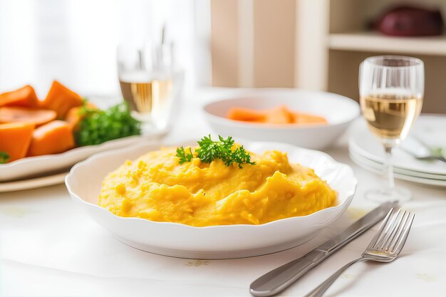 Purè di patate dolci per la colazione sul tavolo bianco e sullo sfondo dell'accogliente sala da pranzo