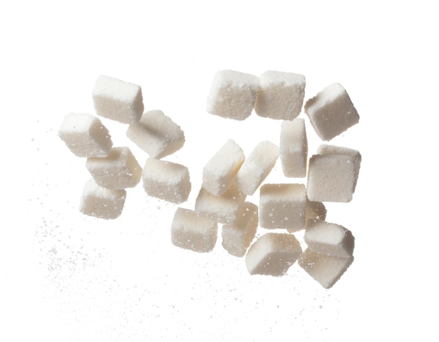 Pure Refined Sugar cube flying explosion white crystal sugar abstract cloud fly Pure refined sugar cubes splash stop in air food object design white background isolated high speed freeze motion