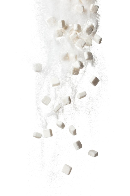 Pure Refined Sugar cube flying explosion white crystal sugar abstract cloud fly Pure refined sugar cubes splash stop in air food object design white background isolated high speed freeze motion