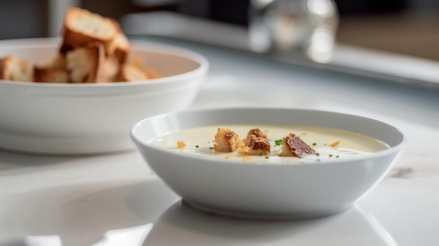 Purea di zuppa di patate al cavolfiore su tavolo in marmo bianco Immagine AI generativa