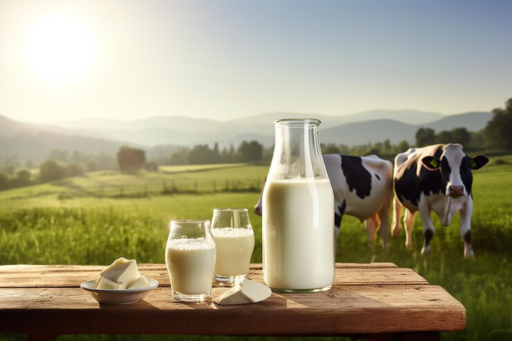 Purificato Dairy Harmony Glass e bottiglia di latte fresco su tavolo di legno