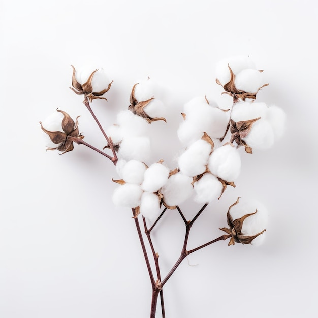 Puro ed elegante Un delicato ramo di cotone su uno sfondo bianco