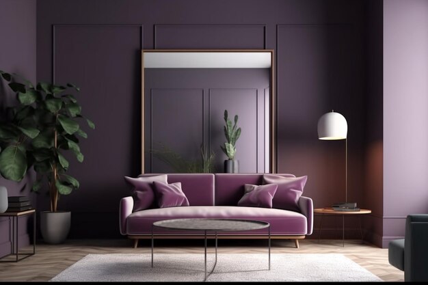 Purple Living Room Interior Spazio accogliente e sofisticato creato con l'intelligenza artificiale generativa