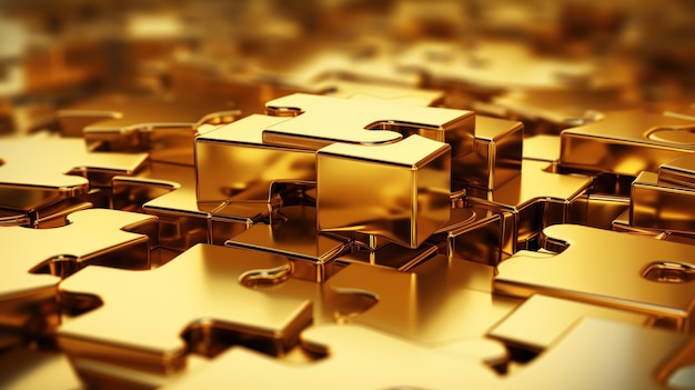 Puzzle d'oro sfondo prospettiva di pila di pezzi d'oro modello di blocchi metallici lucidi concetto di business game design puzzle strategia di successo e soluzione generativa AI
