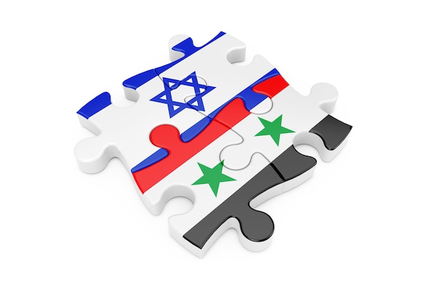 Puzzle di cooperazione di Israele e Siria come bandiere su sfondo bianco. Rendering 3D