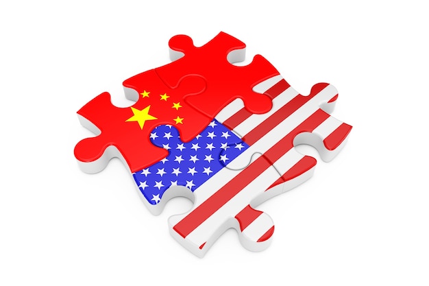 Puzzle di cooperazione USA e Cina come bandiere su sfondo bianco. Rendering 3D