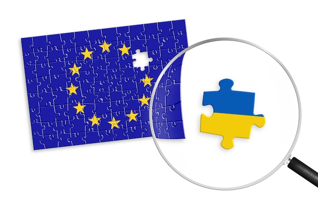 Puzzle realizzato con bandiere dell'Unione europea e dell'Ucraina Relazioni con l'Ucraina e l'Unione europea