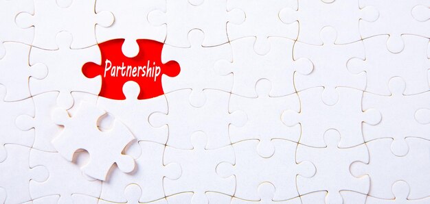 Puzzle su sfondo rosso con parola di partnership