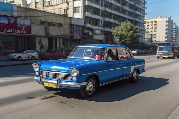 Pyongyang Corea del Nord 9 ottobre 2019 Vecchia auto blu che guida in strada di Pyongyang con la bandiera della Corea del Nord